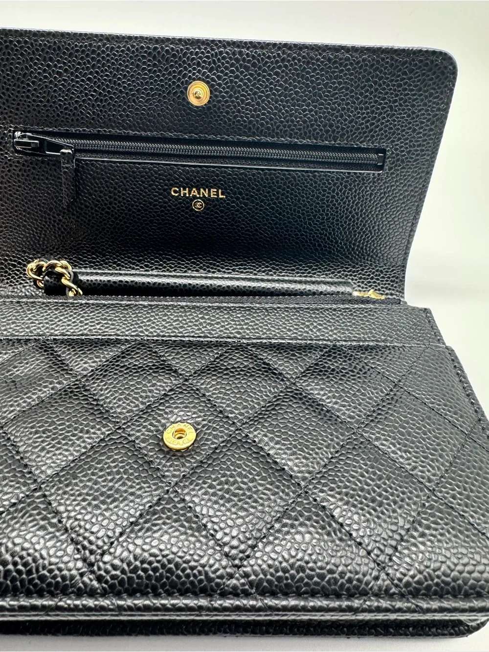 CHANEL Black Quilted Caviar Leather Crossbody with Gold Chain